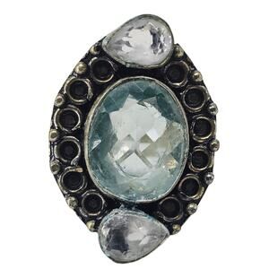 Blue Topaz Gemstone in Oxidized Silver Plated Ring Size 10.5 Western Boho